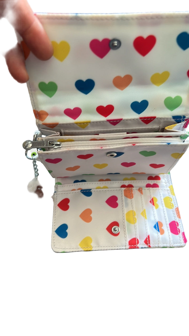 Kipling Pixi AC3739 Medium Organizer Wallet in Wild Hearts White, nylon material, with 8 card slots, bill pocket, zip divider, back slip pocket, and detachable monkey keychain, approx. 7.5" × 4.25" × 1.25".