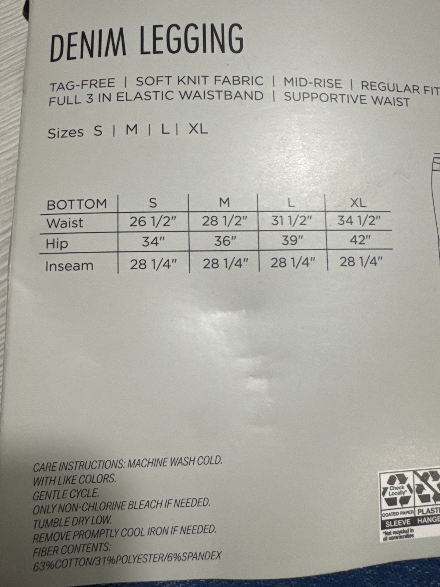 West Loop denim leggings in blue with soft stretch, tag-free packaging, and pull-on waistband