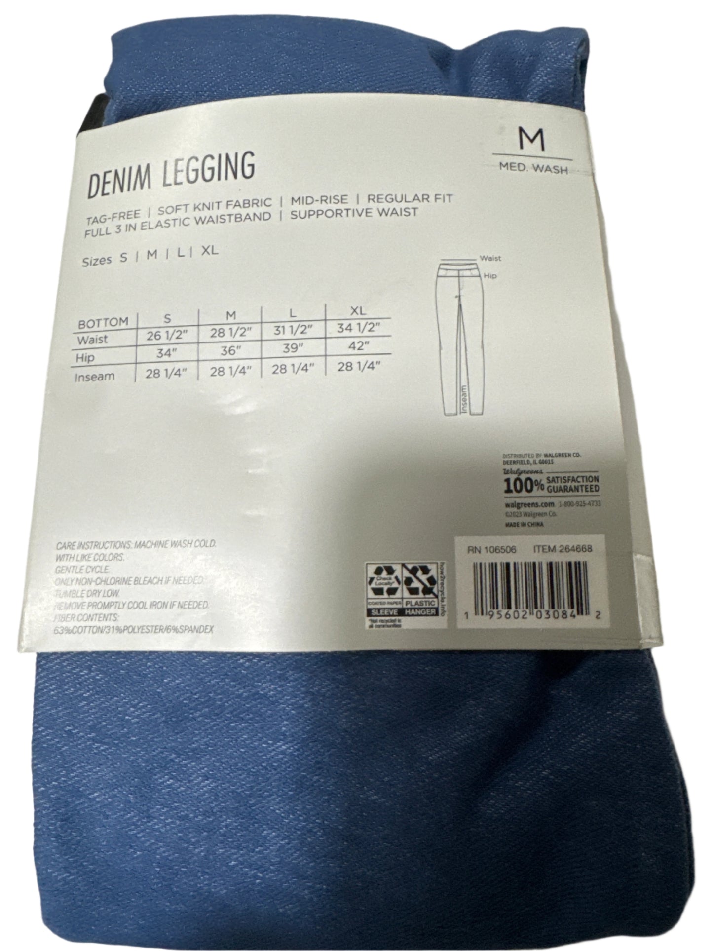 West Loop denim leggings in blue with soft stretch, tag-free packaging, and pull-on waistband