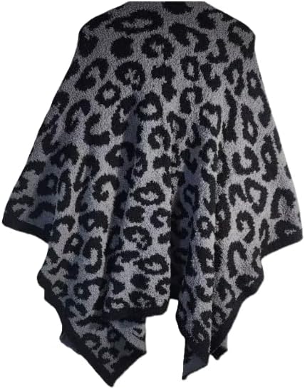 Black and gray fuzzy leopard knit wrap with open poncho-style fit