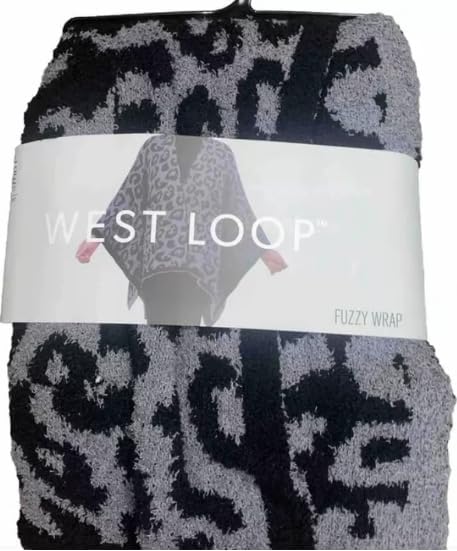 Black and gray fuzzy leopard knit wrap with open poncho-style fit