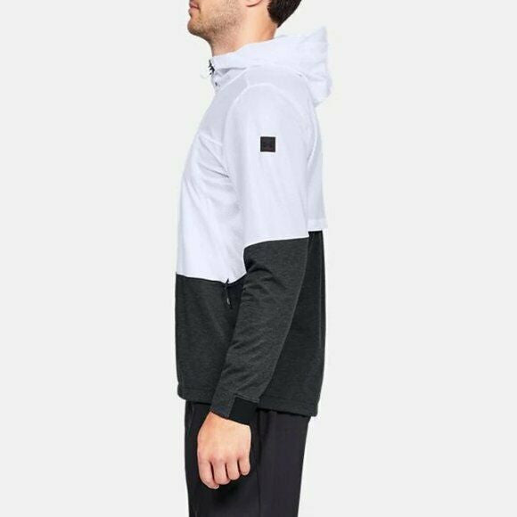 Men’s UA Hybrid windbreaker jacket in black and white, size XL, with hood and zip front