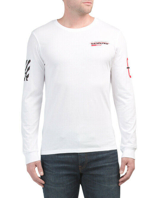Men’s white long sleeve tee with racing graphics on front, back, and sleeves – Brooklyn Cloth, size M