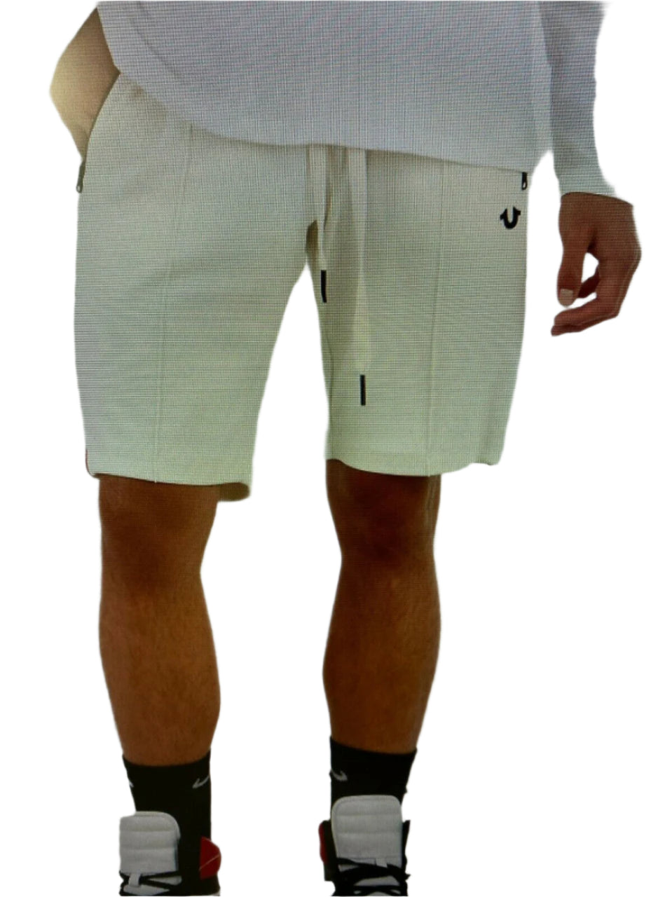Men’s off-white logo shorts with drawstring waist, zip pockets, and horseshoe logo – shown on model