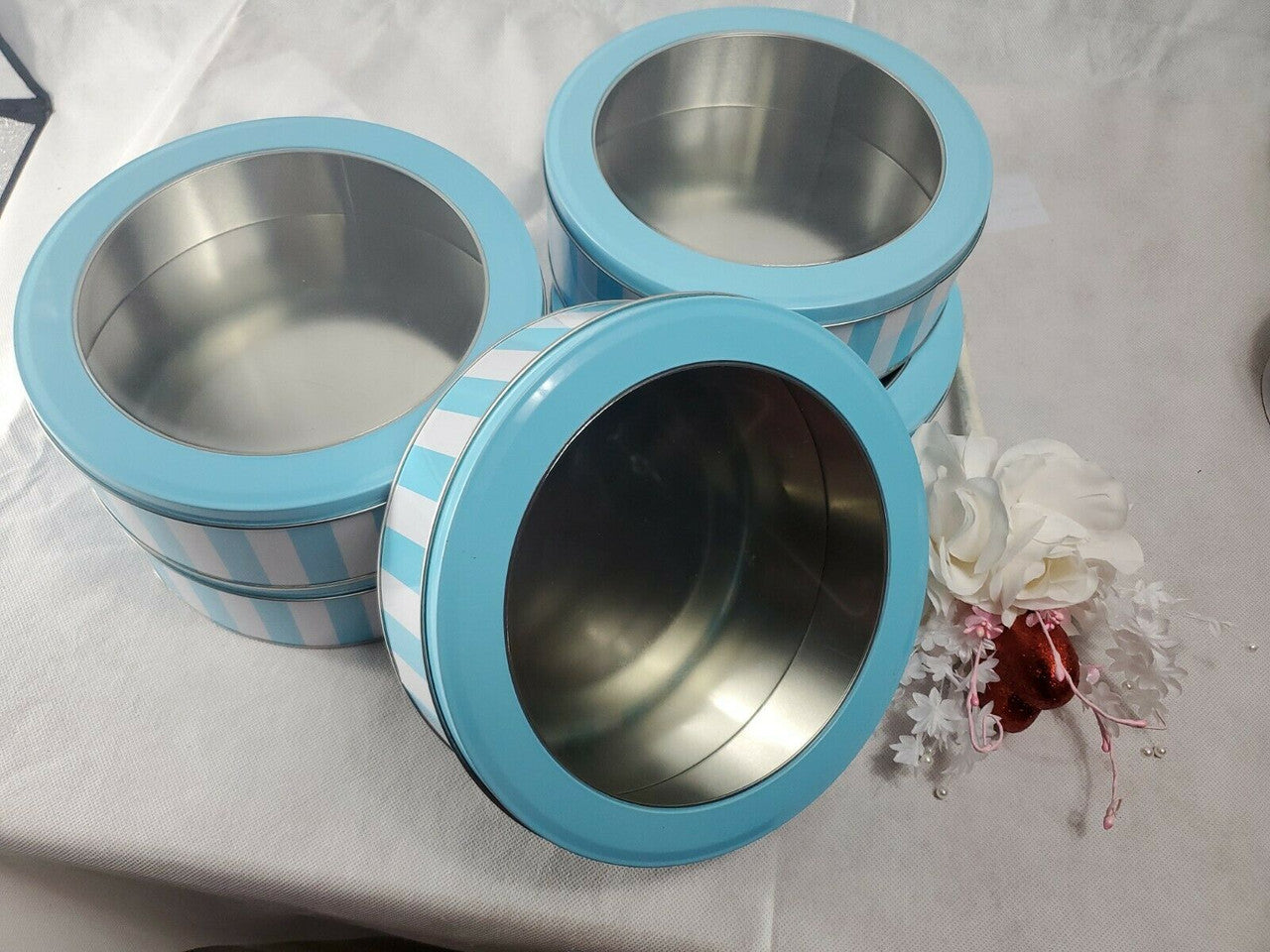 Round Window Tin Blue And White Lot of 5 rounds 8 inche diameter 3 inch high
