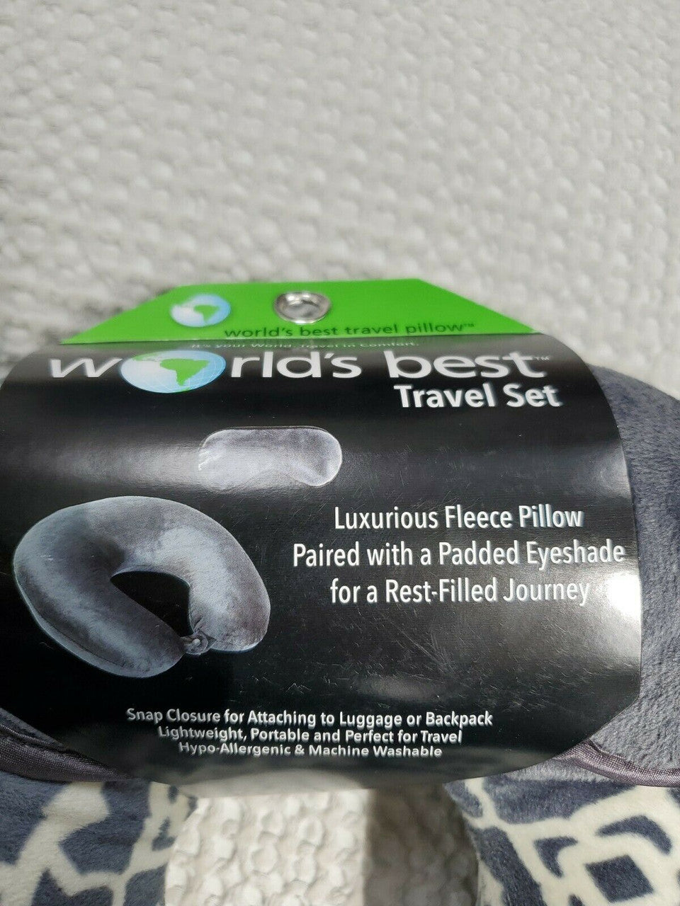 World's Best Travel Neck Pillow Microfiber Cover Gray and Padded Eyeshade