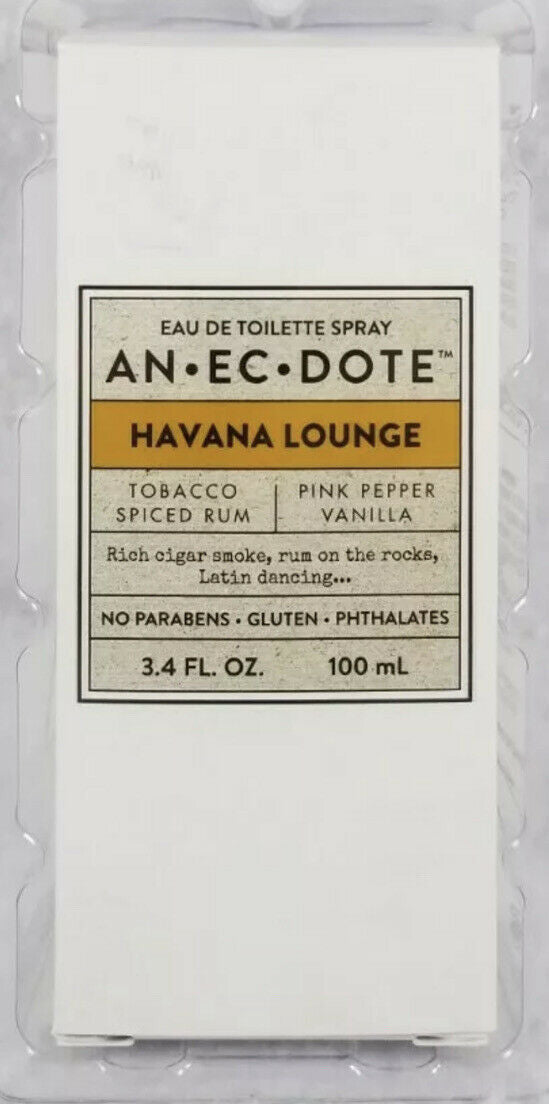 Anecdote Havana Lounge Eau De Toilette Spray, 3.4 oz bottle and box – unisex fragrance with vanilla, tobacco, and rum notes