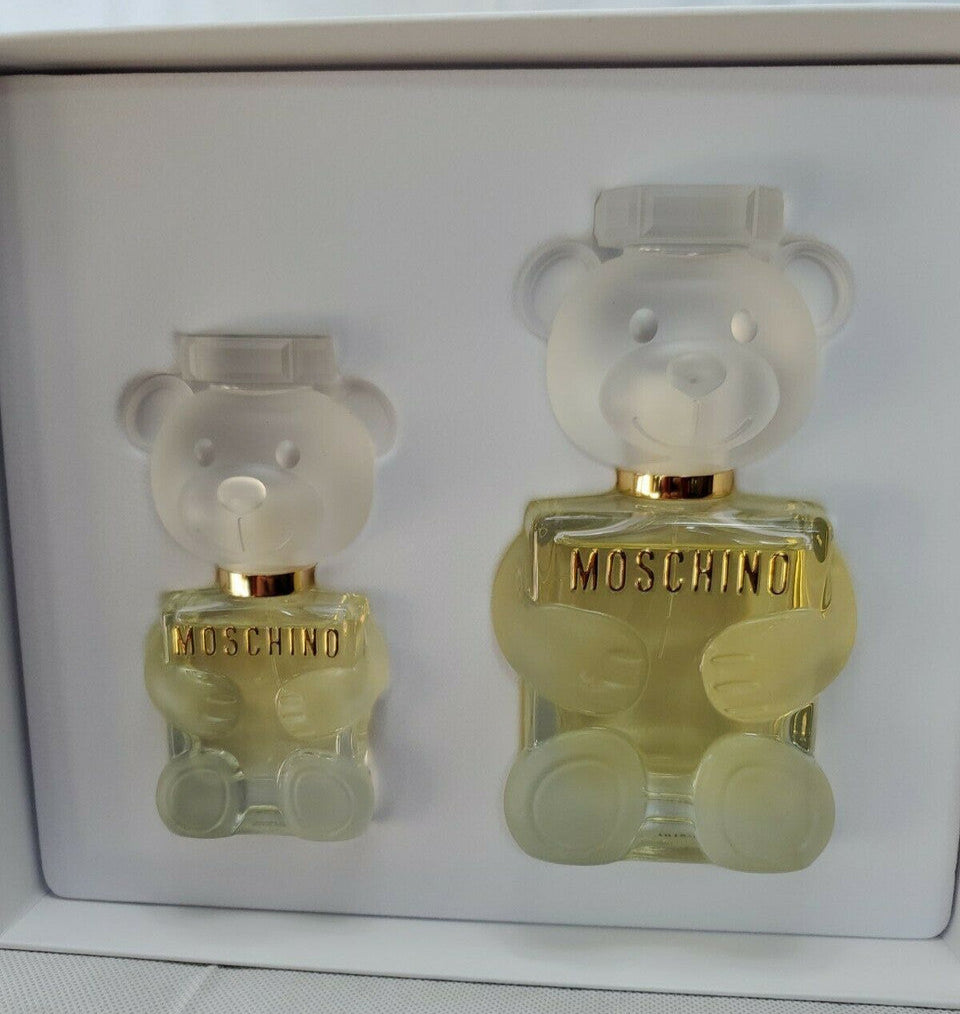 Moschino Toy 2 women's perfume gift set with two teddy bear-shaped spray bottles in original white and gold packaging