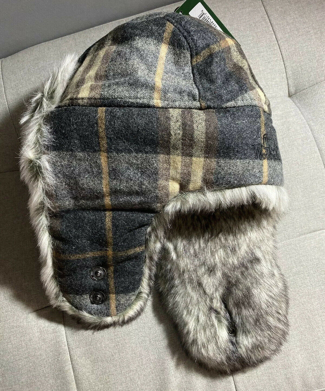 WOOLRICH WOOL BOMBER AVIATOR TRAPPER HAT Small S grey tan red PLAID