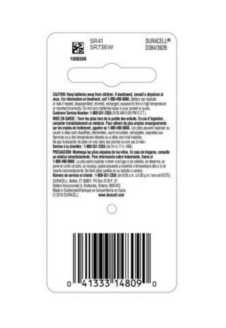 1 384/392 Duracell Silver Oxide Battery (AG3, LR41, MS312, SP384, SP392, SR41)