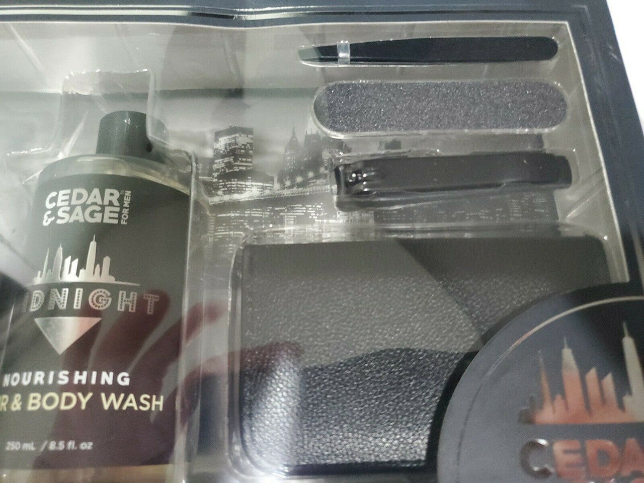 Cedar & Sage 6-piece men’s grooming gift set with beard and skincare essentials in a black presentation box.