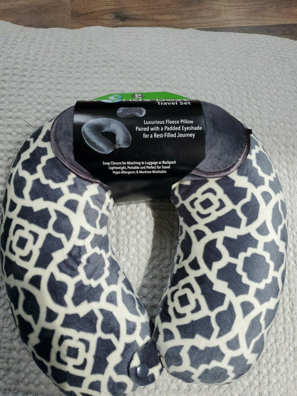 World's Best Travel Neck Pillow Microfiber Cover Gray and Padded Eyeshade