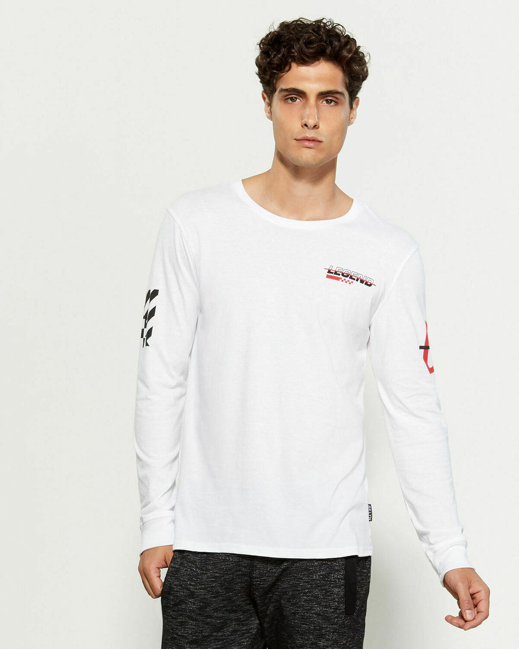 Men’s white long sleeve tee with racing graphics on front, back, and sleeves – Brooklyn Cloth, size M