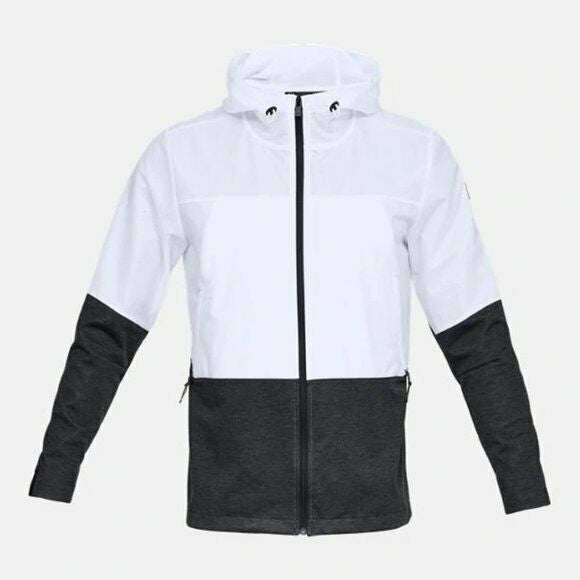 Men’s UA Hybrid windbreaker jacket in black and white, size XL, with hood and zip front