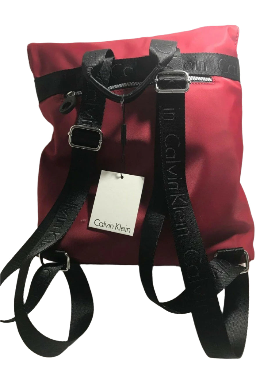 Red and black Calvin Klein backpack with large front logo, flap closure, and adjustable straps
