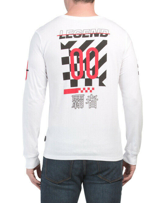 Men’s white long sleeve tee with racing graphics on front, back, and sleeves – Brooklyn Cloth, size M