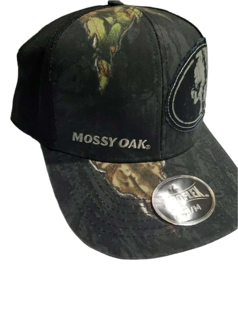 Mossy Oak men’s black camo stretch-fit hat in size S/M with logo patch and breathable mesh back, shown from multiple angles.