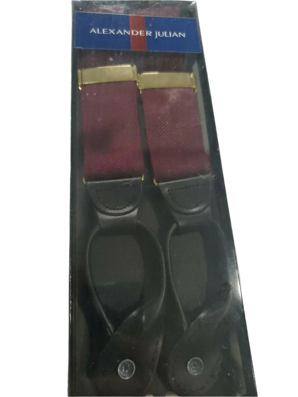 Boxed burgundy elastic suspenders with leather detailing and buttons by Alexander Julian – one size fits most