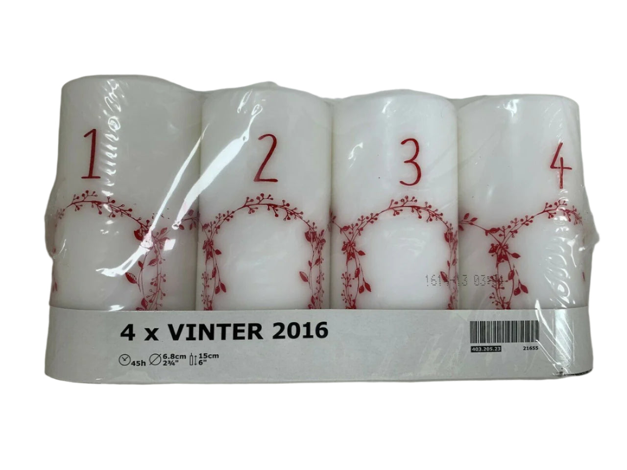 IKEA Vinter 2016 Advent candle set with 4 white unscented block candles numbered 1 to 4 in red print, new in package.