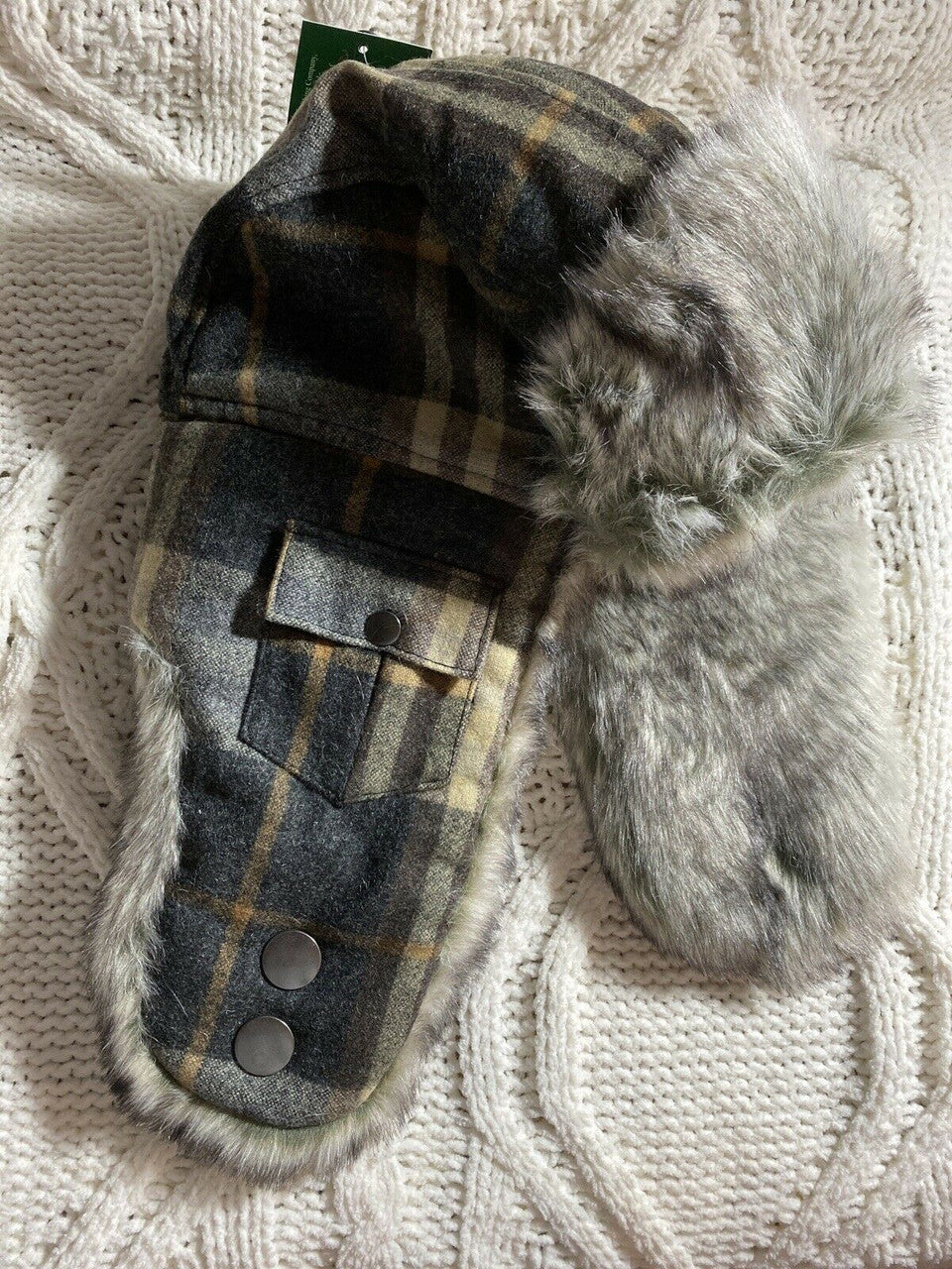 WOOLRICH WOOL BOMBER AVIATOR TRAPPER HAT Small S grey tan red PLAID
