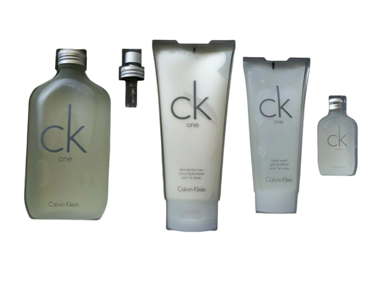 4-piece CK ONE gift set with full-size EDT spray, mini, lotion, and body wash in Calvin Klein gift box