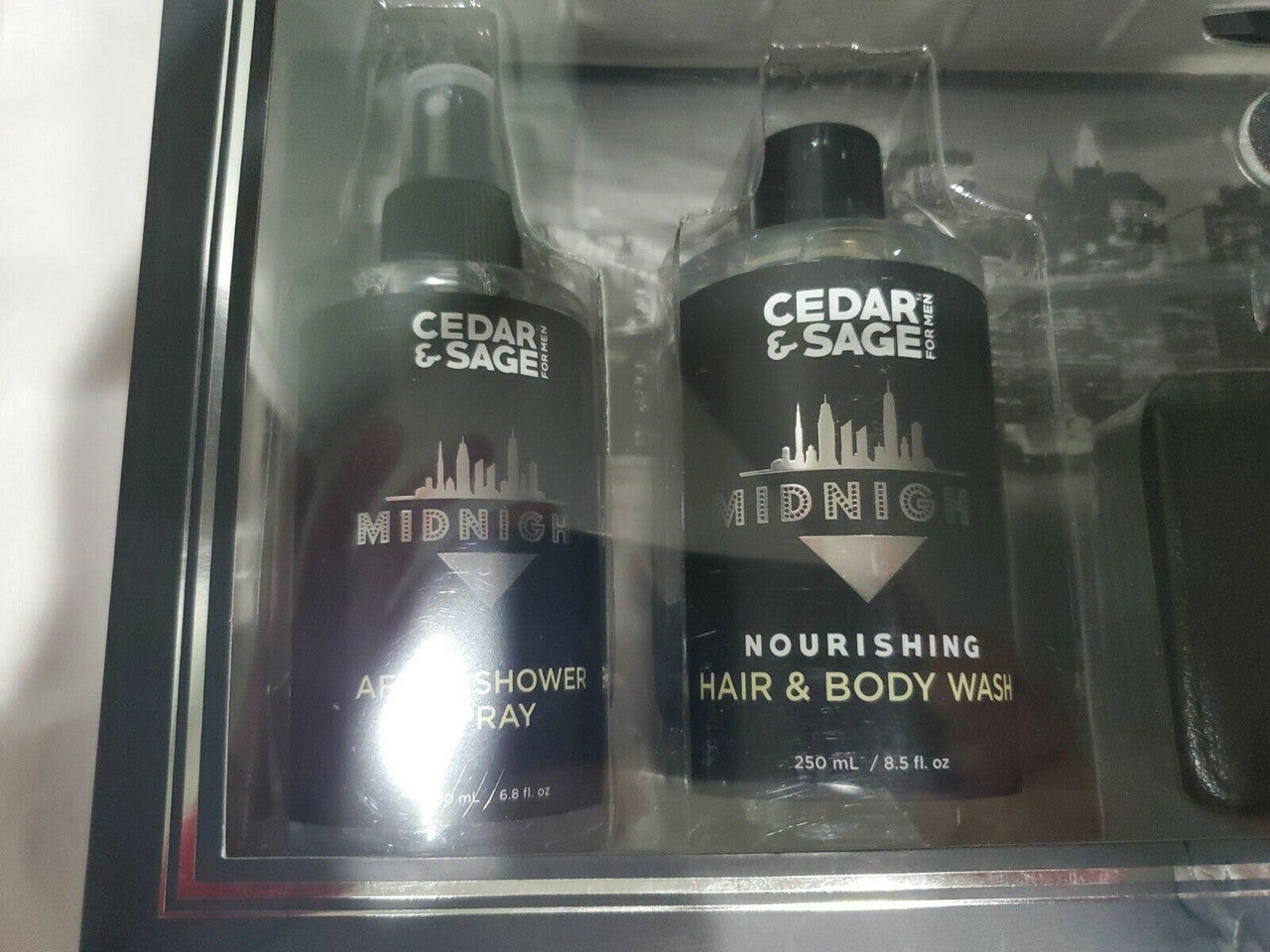 Cedar & Sage 6-piece men’s grooming gift set with beard and skincare essentials in a black presentation box.