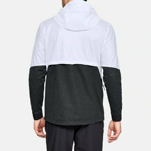 Men’s UA Hybrid windbreaker jacket in black and white, size XL, with hood and zip front