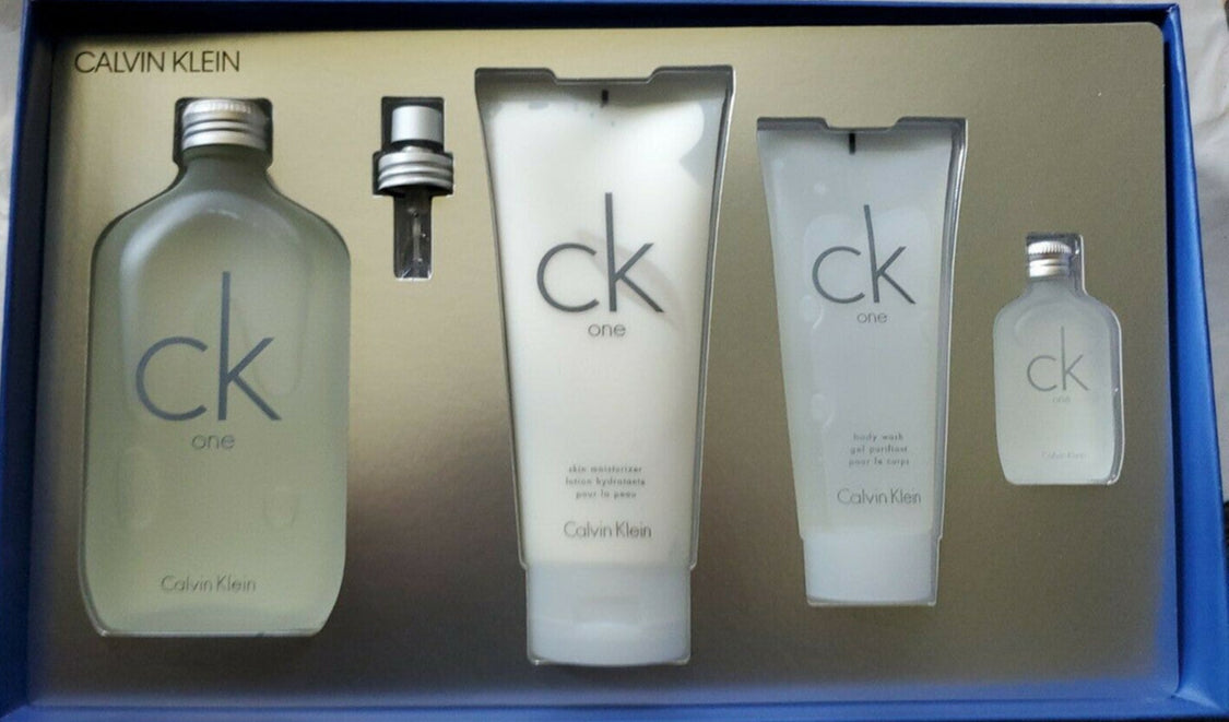 4-piece CK ONE gift set with full-size EDT spray, mini, lotion, and body wash in Calvin Klein gift box
