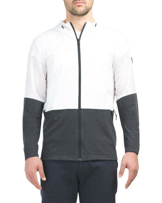 Men’s UA Hybrid windbreaker jacket in black and white, size XL, with hood and zip front