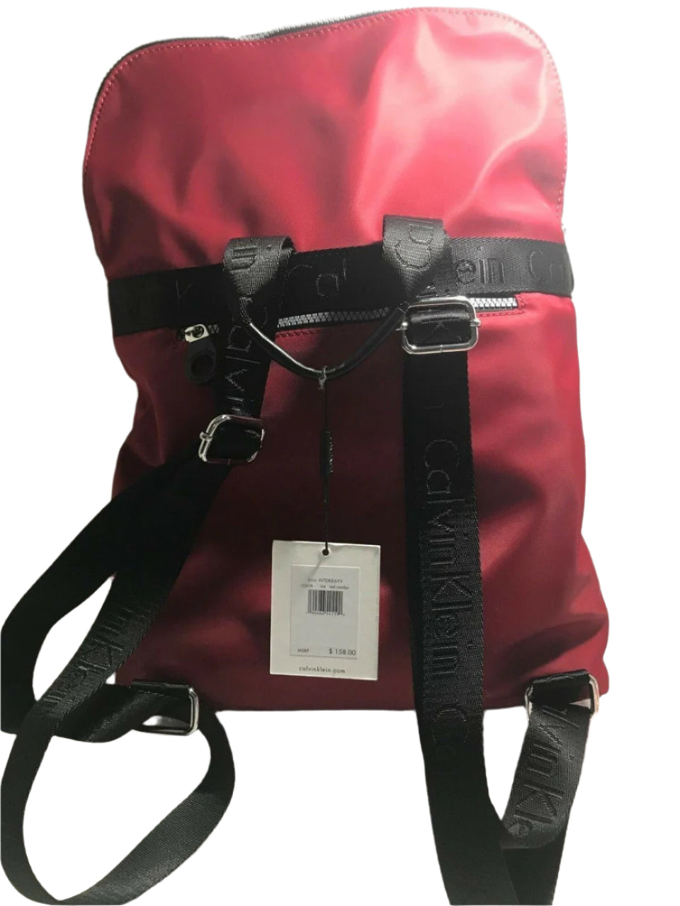Red and black Calvin Klein backpack with large front logo, flap closure, and adjustable straps