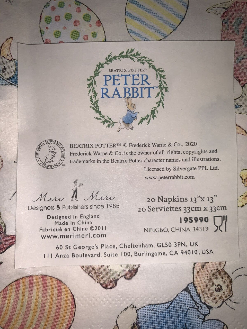 Peter Rabbit Beatrix Potter Happy Easter Napkins 20 Napkins Per Pack Lot Of 2