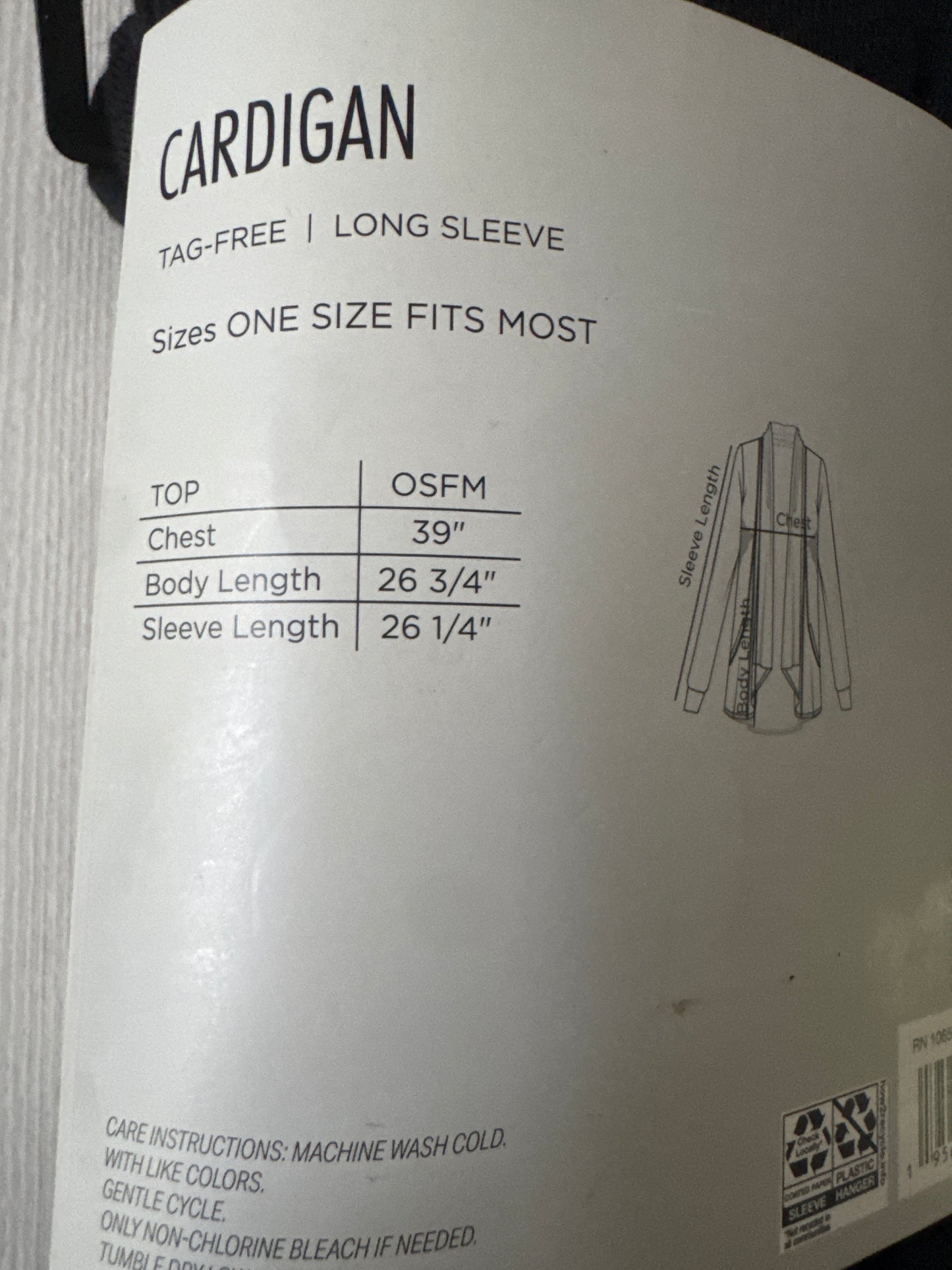 West Loop black cardigan packaging showing model wearing tag-free long sleeve open-front sweater, one size fits most