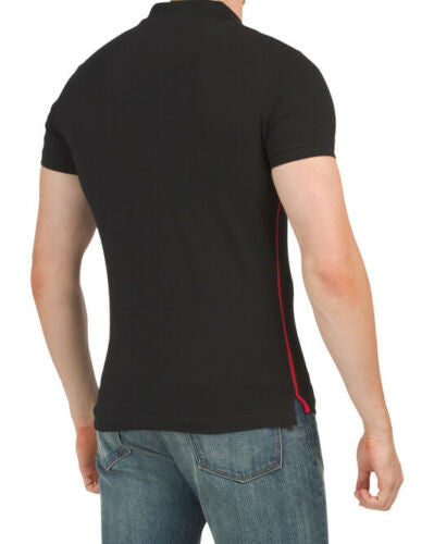 Men’s black polo shirt with red side stripes, leather collar, and zip front from Diesel x AC Milan capsule collection