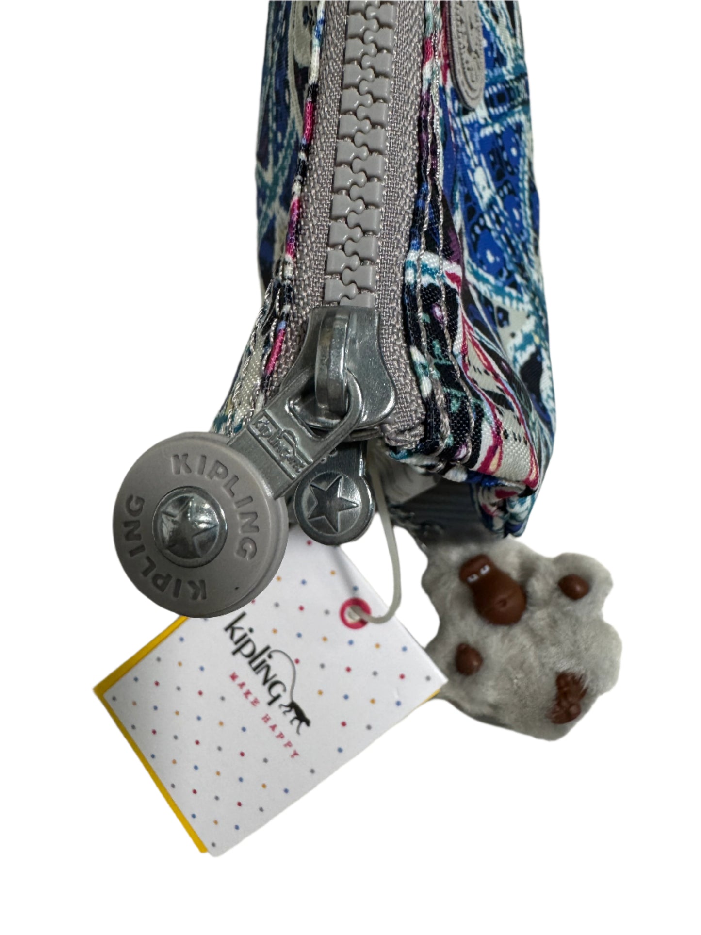 Kipling Creativity Large Pouch in Brightside Sky geometric print with triple zip compartments, compact 7″ × 4.25″ × 1″ size, lightweight water-resistant nylon, ideal for travel and everyday use.