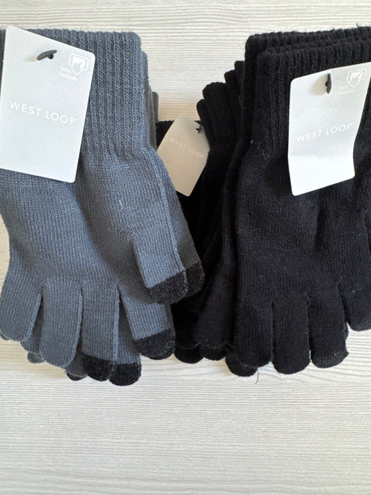 Two pairs of West Loop touchscreen gloves in gray and black, one-size knit style with touch-capable fingertips