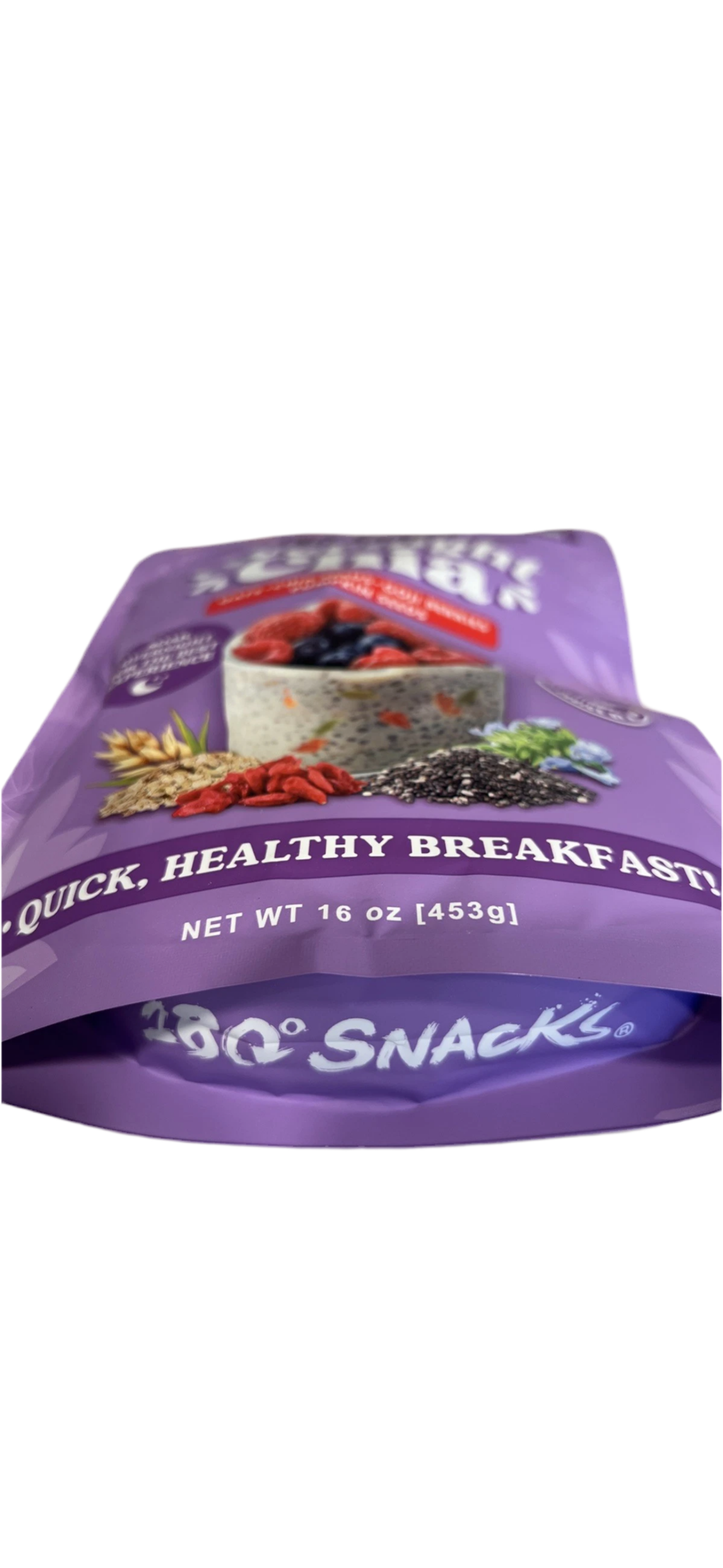 Overnight chia mix with oats, chia seeds, goji berries, and pumpkin seeds in purple resealable pouch