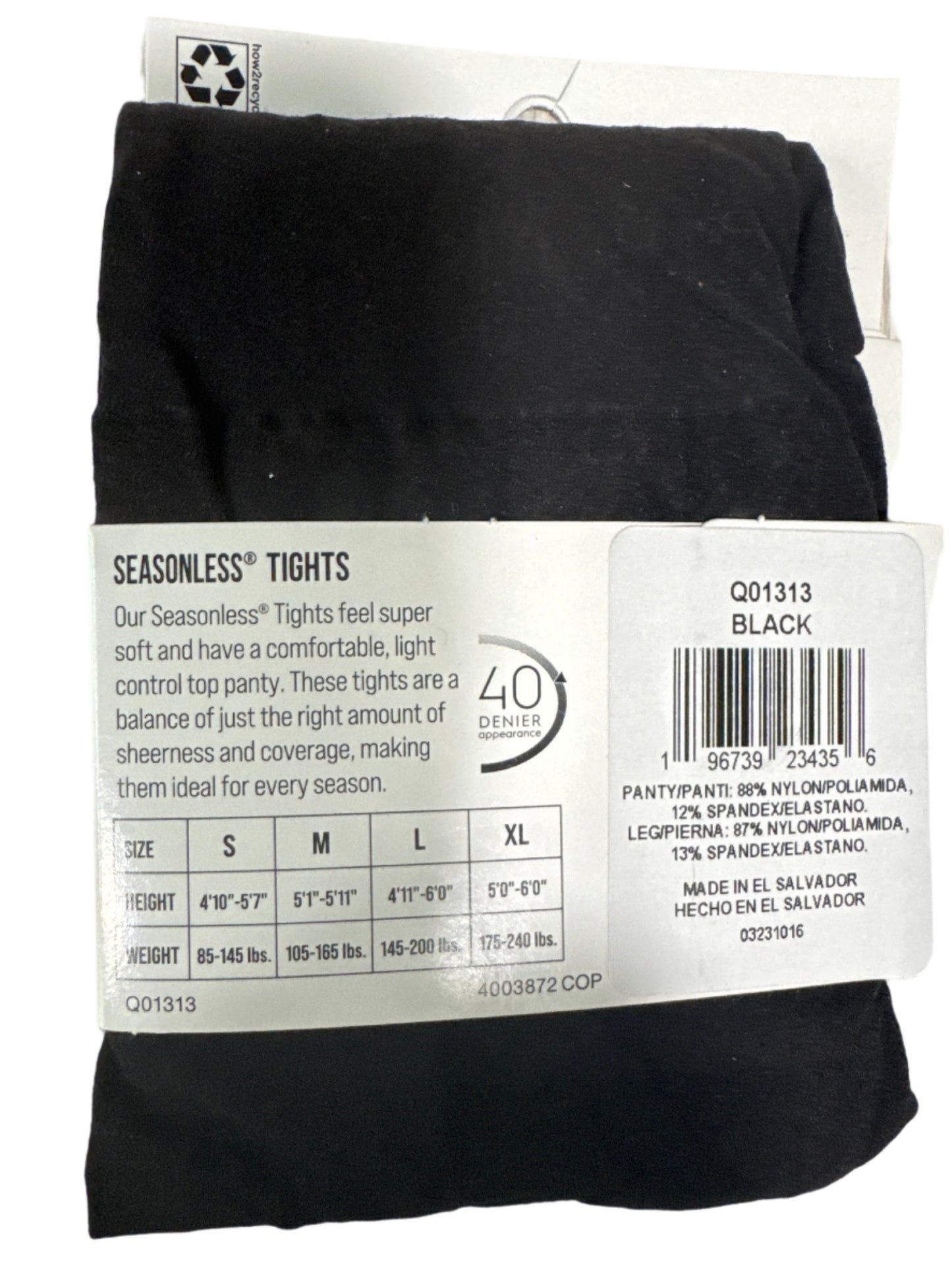 Leggs Seasonless Tights in black with soft control top and semi-opaque finish in retail packaging