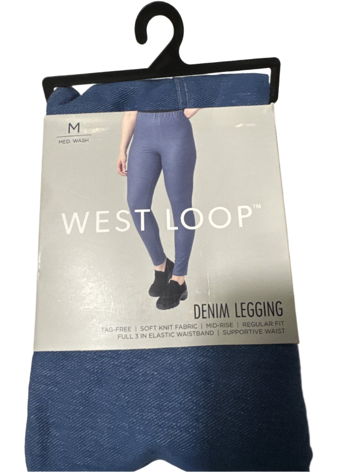 West Loop denim leggings in blue with soft stretch, tag-free packaging, and pull-on waistband