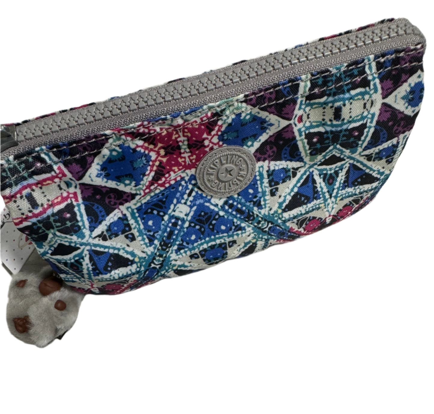 Kipling Creativity Large Pouch in Brightside Sky geometric print with triple zip compartments, compact 7″ × 4.25″ × 1″ size, lightweight water-resistant nylon, ideal for travel and everyday use.