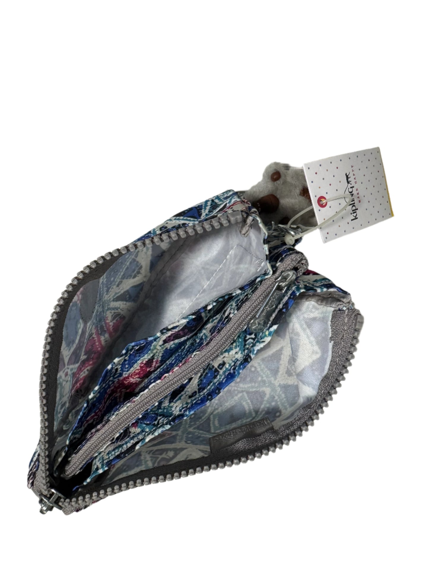 Kipling Creativity Large Pouch in Brightside Sky geometric print with triple zip compartments, compact 7″ × 4.25″ × 1″ size, lightweight water-resistant nylon, ideal for travel and everyday use.
