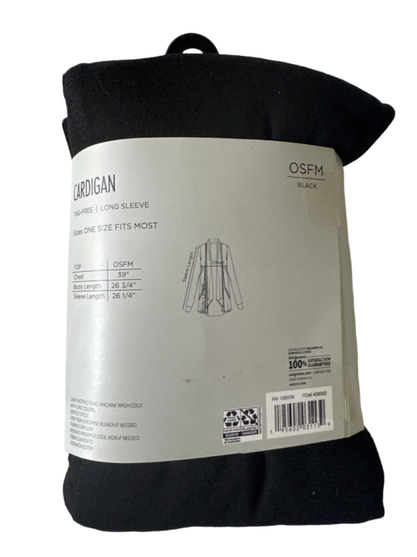 West Loop black cardigan packaging showing model wearing tag-free long sleeve open-front sweater, one size fits most