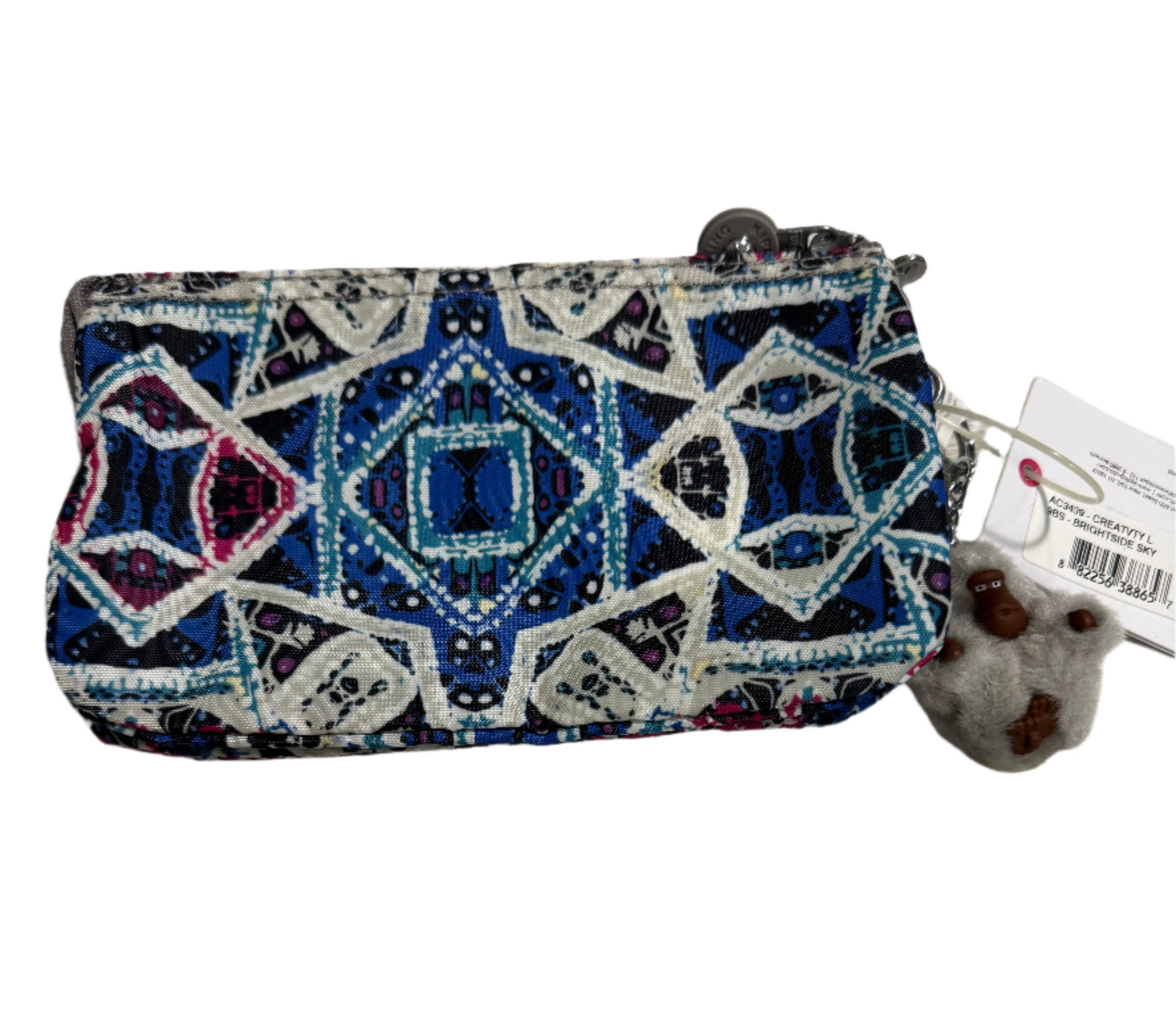 Kipling Creativity Large Pouch in Brightside Sky geometric print with triple zip compartments, compact 7″ × 4.25″ × 1″ size, lightweight water-resistant nylon, ideal for travel and everyday use.