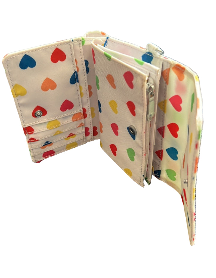 Kipling Pixi AC3739 Medium Organizer Wallet in Wild Hearts White, nylon material, with 8 card slots, bill pocket, zip divider, back slip pocket, and detachable monkey keychain, approx. 7.5" × 4.25" × 1.25".