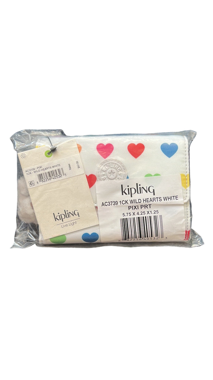 Kipling Pixi AC3739 Medium Organizer Wallet in Wild Hearts White, nylon material, with 8 card slots, bill pocket, zip divider, back slip pocket, and detachable monkey keychain, approx. 7.5" × 4.25" × 1.25".