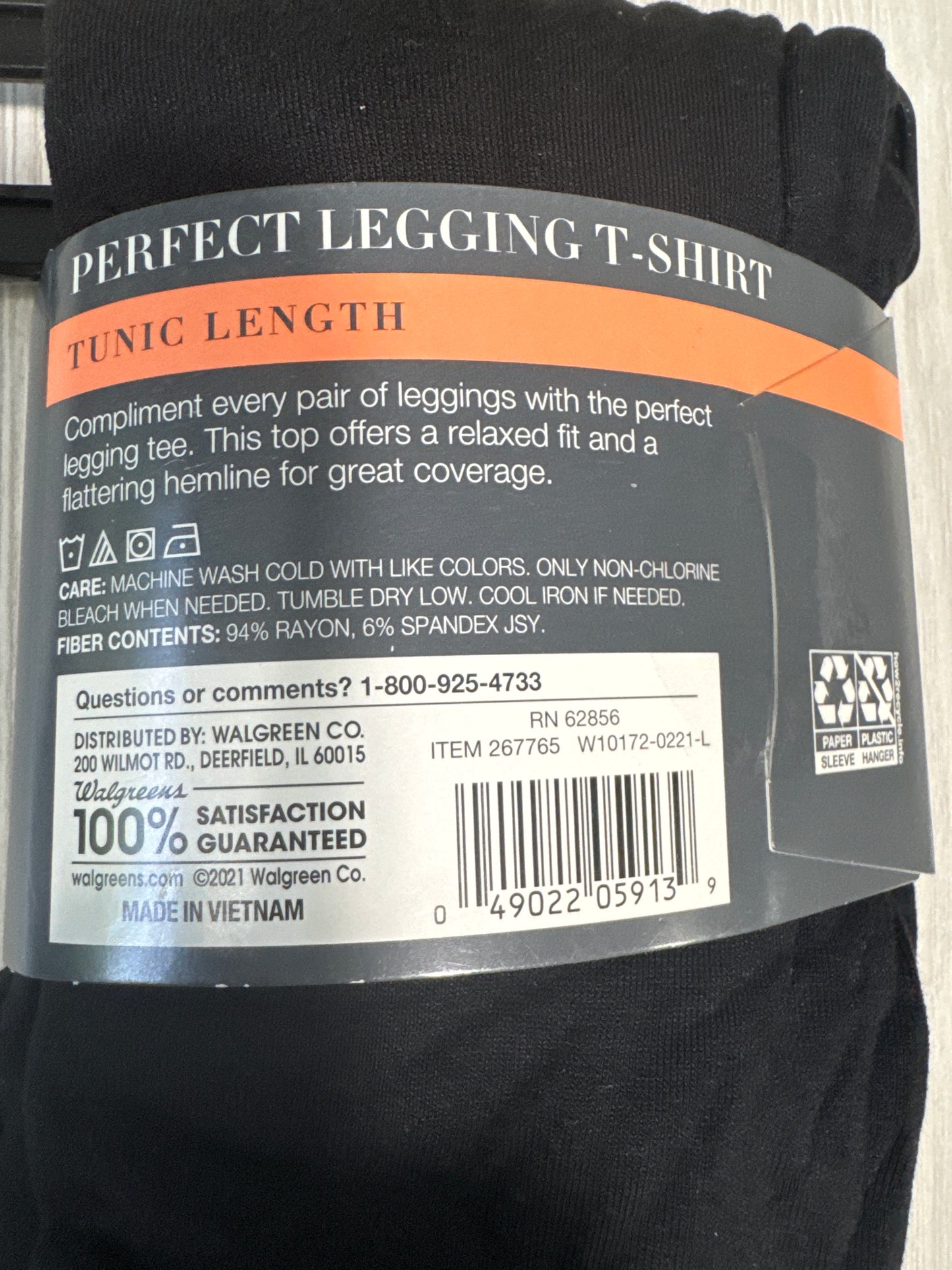 West Loop black tunic-length t-shirt with tag-free label, soft rayon blend, and retail packaging