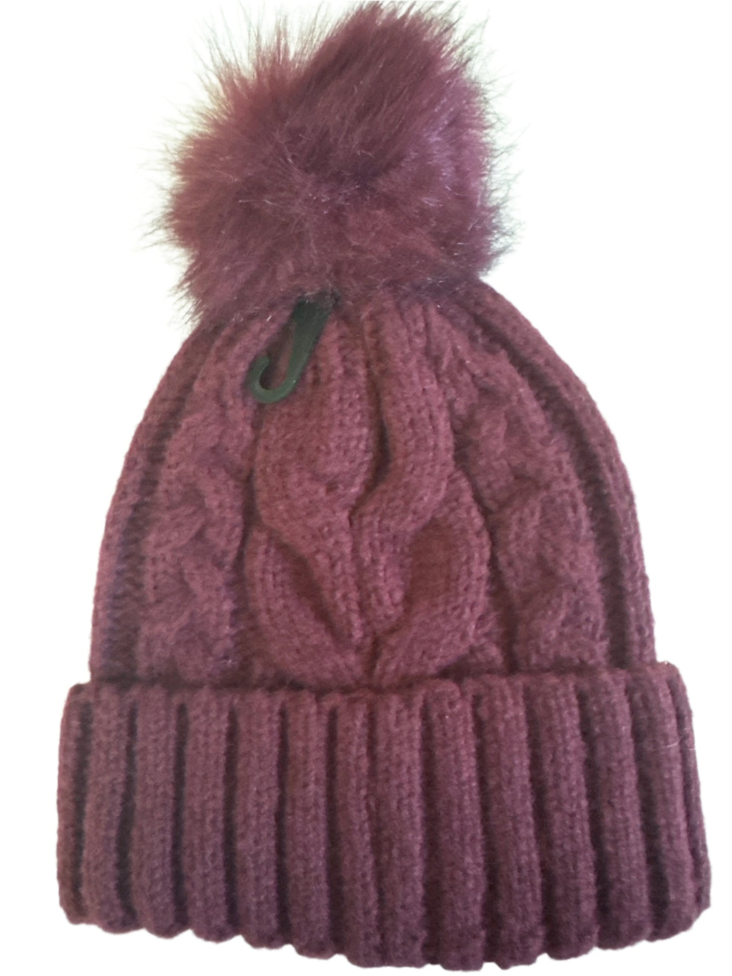 burgundy cable knit beanie with faux fur pom pom, one size winter hat