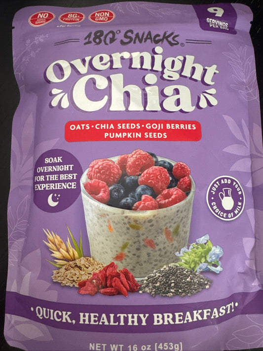 Overnight chia mix with oats, chia seeds, goji berries, and pumpkin seeds in purple resealable pouch