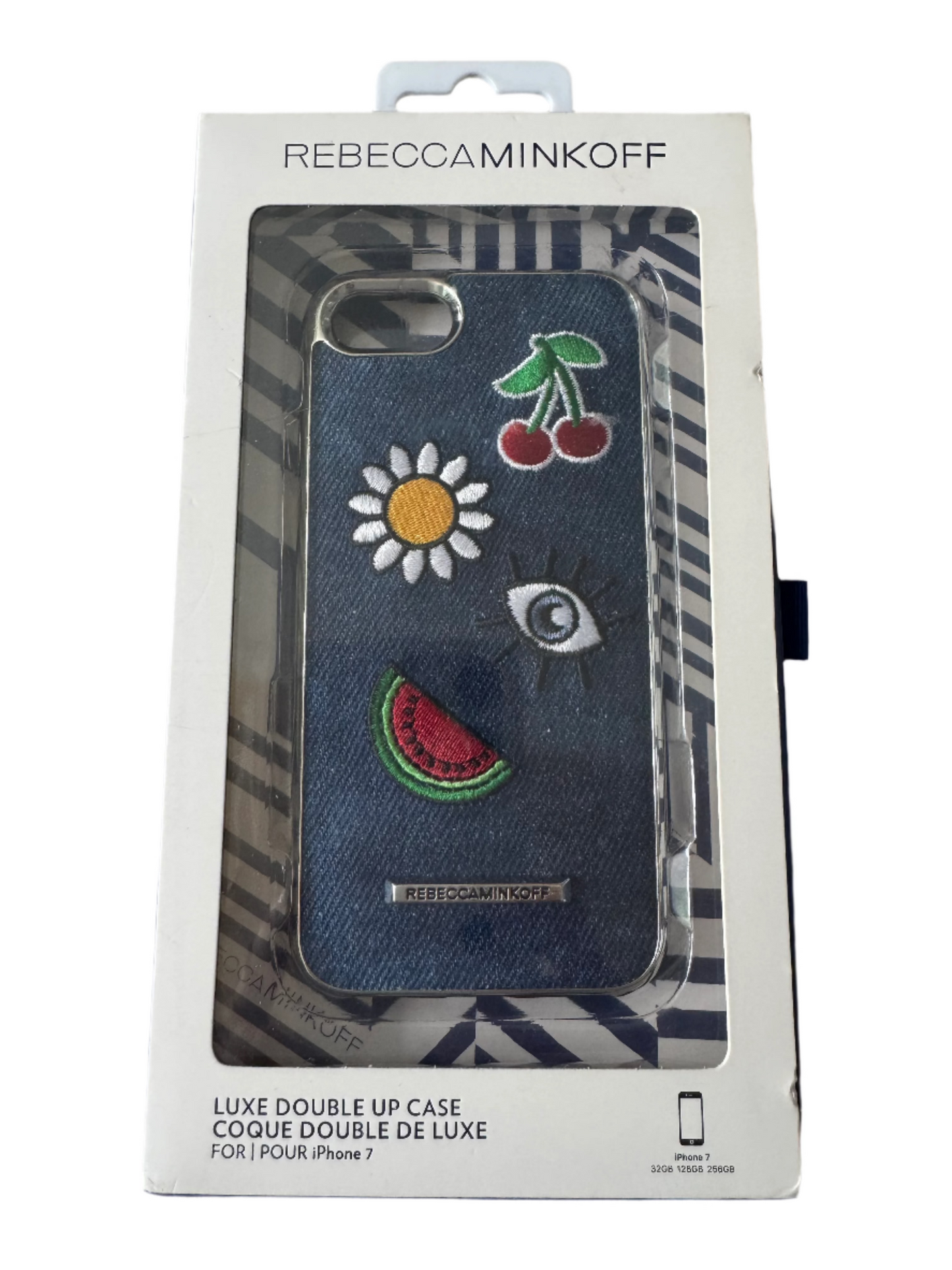 iPhone 7 denim phone case with embroidered watermelon, daisy, cherries, and eye design in original Luxe Double Up packaging.
