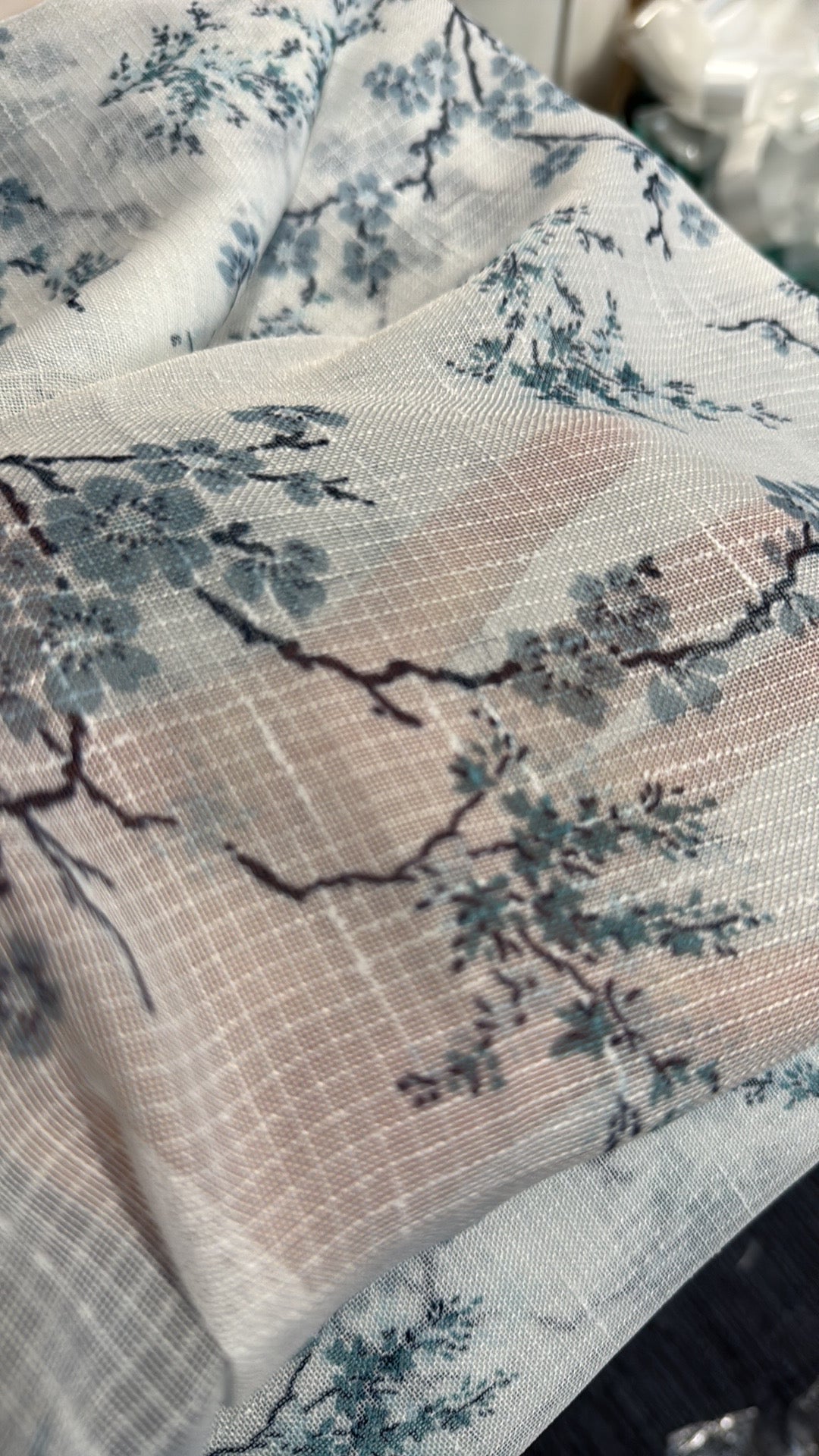 Pair of 38x84 sheer floral curtain panels in soft blue blossom print by Laura Ashley