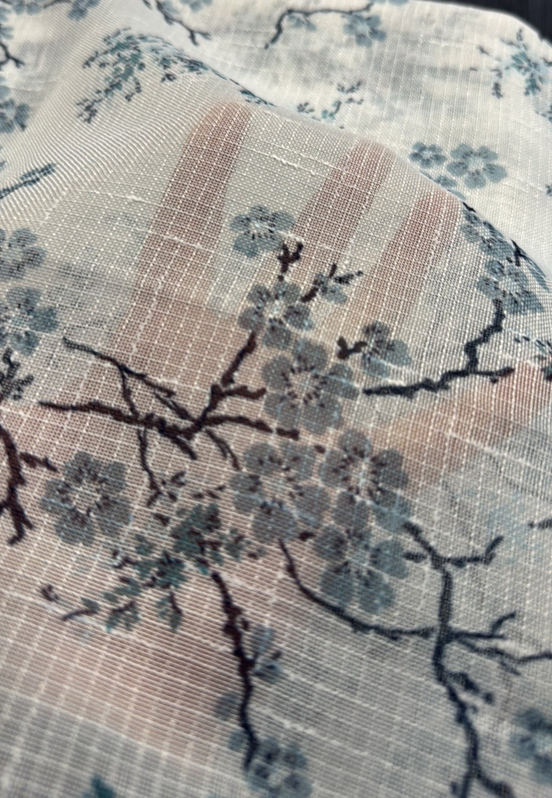 Pair of 38x84 sheer floral curtain panels in soft blue blossom print by Laura Ashley